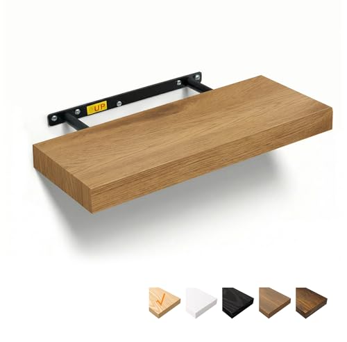 RICHER HOUSE Eiche Wandregale, 40 x 23,5 x 3,8 cm Wandboard Holz, Holzregal Wand mit unsichtbaren Halterungen, Schweberegal für Schlafzimmer, Wohnzimmer, Badezimmer, Küche, Waschküche, Büro