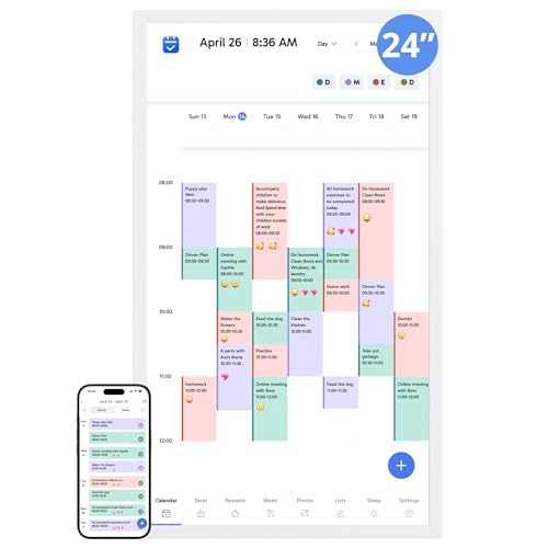 Image of Digital Calendar 24 Inch Touch Screen, Electronic Wall Calendar Chore Chart for Family Monthly /Weekly Planner, Interactive Display Smart Calendar for Home Organization, Desk Mount Included - White