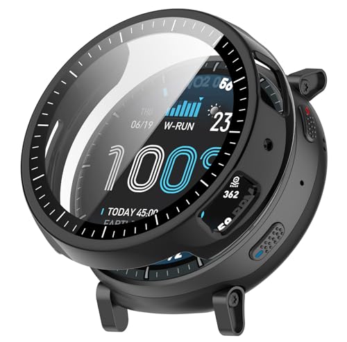 SHEAWA for Amazfit Active Max 48mm �P�[�X �J�o�[ PC+�����K���X�t�B���� �S�ʕی� 9H�d�x ��̌^�ی�P�[�X �ی�J�o�[ �ϏՌ� �A�N�Z�T���[ (�u���b�N)