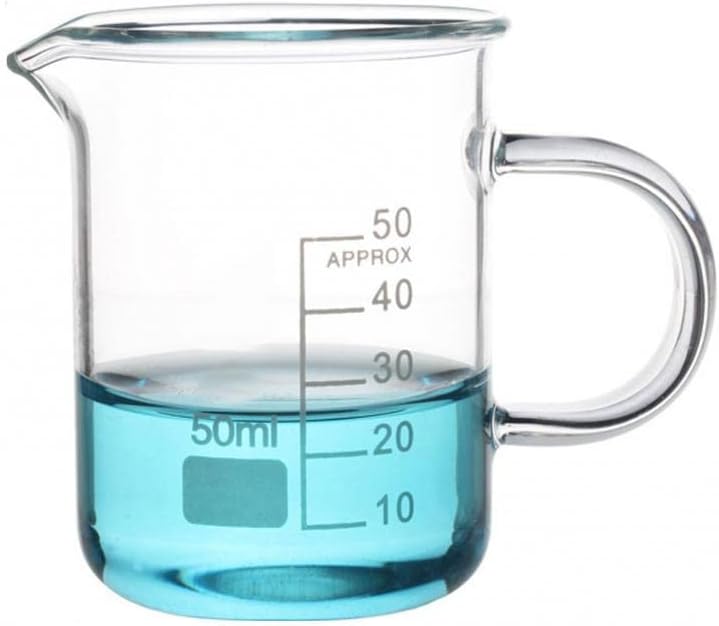 VizGiz 12 Pack Lab Breakers 50ML Measuring Cup Borosilicate 3.3 Glass Graduated Measure Low Form Transparent Breaker Set V Spout for Kitchen School Class Teaching Laboratory Liquid