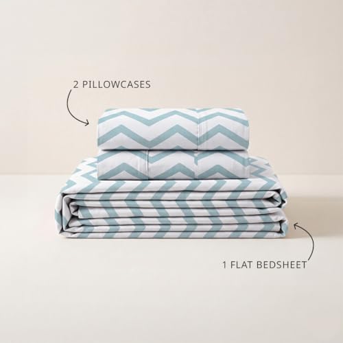 Image of LANE LINEN 100% Organic Cotton Fitted Bedsheet Double - Chevron Cool Blue | GOTS Certified, Percale Weave, 78x60 inches, Fits Upto 12 inch Mattress, Soft, Breathable, Washable, 2 Pillow Covers