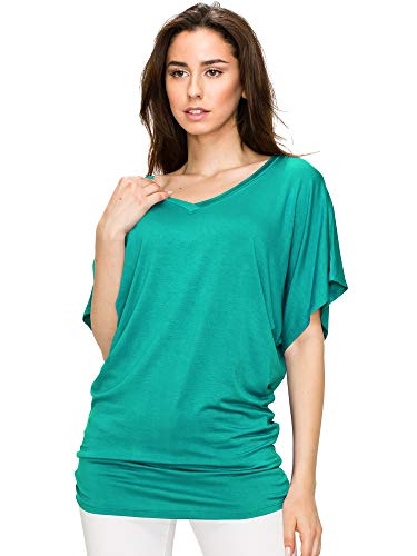 Lock and Love LL WT1038 Women's Versatile Casual Short Sleeve Dolman Top – Loose Fit V-Neck T-Shirt S Jade