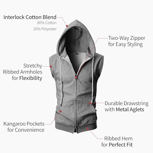 Image of Ohoo Mens Slim Fit Sleeveless Lightweight Zip Up Hooded Sweatshirt Vest Hoodie