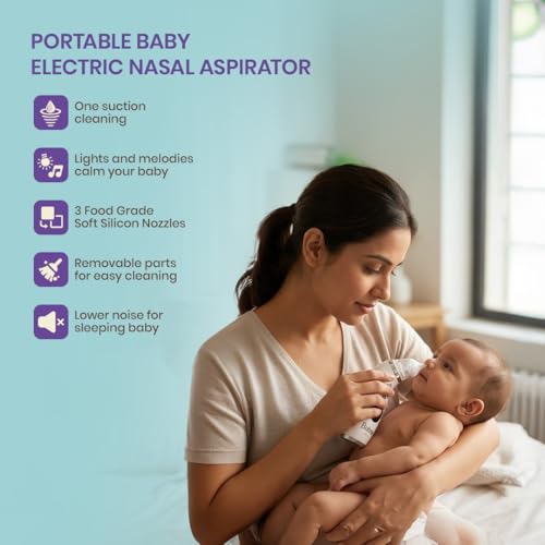 Image of NoseBliss Baby Nose Cleaner Rechargeable IPX6 Waterproof Electric Nasal Aspirator with 5 Suction Levels | 3 Food Grade Soft Silicon Nozzles | Self Cleaning, Music & Light | 1 Year Warranty