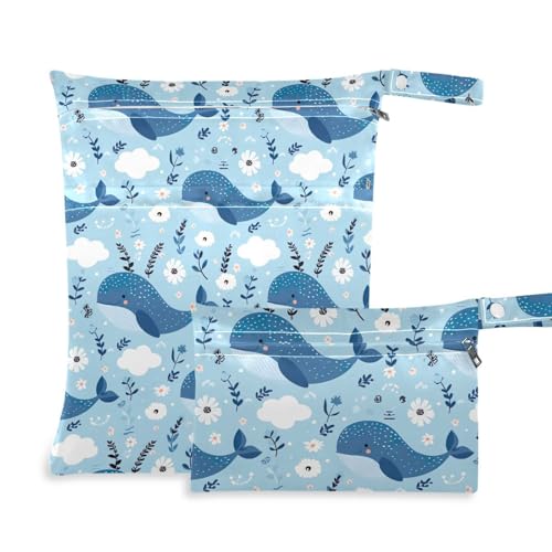Coikll Wet Dry Bags for Cloth Diaper 2 Pack Waterproof Yoga Gym Bag for Swimsuit Wet Clothes Baby Items-?Cute Whales?