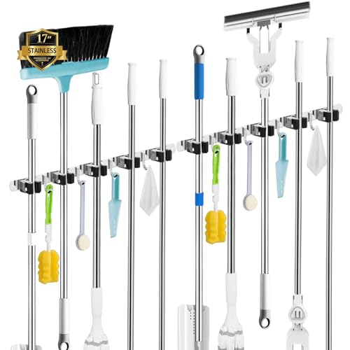2 Pack Broom Holder Wall Mount, 5 Racks 4 Hooks Mop and Broom Organizer