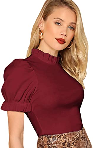 Image of Shasmi Women's & Girl's Polyester Pleated High Neck Short Puff Sleeve Ruched Bust Solid Regular Fit Top