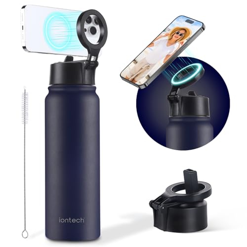 Insulated Water Bottle with Magnetic Phone Holder Compatible with MagSafe and iPhone, Double-Sided Magnet, Stainless Steel Water Bottle Phone Mount for Sports Travel, Hot 12H Cold 24H, 27oz (Blue)