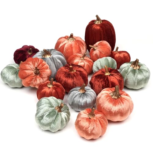 WsCrofts 18 Pcs Velvet Pumpkins, Fake Assorted Velvet Pumpkins Harvest