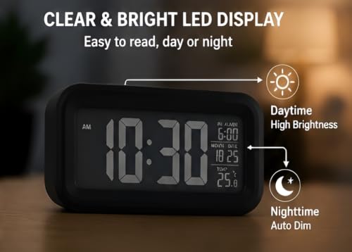 Image of Electronic Digital Clock with Automatic Sensor | Alarm Clock for Bedroom, Study Table & Office | LED Table Clock for Students & Kids | High Sound Alarm Clock for Heavy Sleepers | (Multicolour)