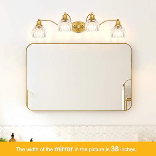 Image of Vintage 4 Light Vanity Light, Brushed Gold Bathroom Vanity Light, 33.3 Inch Bathroom Light Fixtures with Glass Shade, Antique Vanity Light Fixtures Over Mirror, Wall Sconce for Bedroom, Living Room