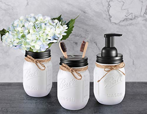 Mason Jar Bathroom Set（3 Piece）-Foaming Soap Dispenser, Toothbrush Holder ,Flower Vase,For Wedding House Decor Countertop And Vanity Organizer Bathroom Kitchen Farmhouse Décor (Black) #TOP5