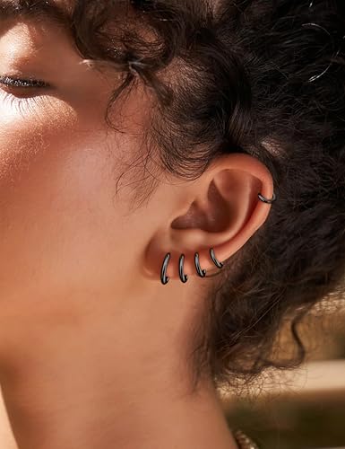 KRFY Kleine Creolen Ohrringe Schwarz Damen Herren Chirurgenstahl Knorpel Huggie Ohrringe Set Snug Lobe Nase Lippen Daith Helix Piercing Schmuck Winzige Scharnier Schläfer Creolen 6/7/8/9/10MM