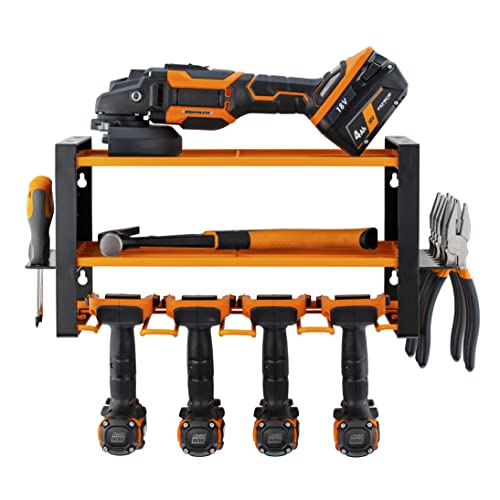 Toolganize Power Tool Organizer Wall Mount - Cordless Tool Storage - No Stress No Clutter - Power Tool Rack - Drill Storage For Shed & Garage Organization Pegboard Accessories Holder - Utility Orange #TOP3