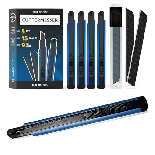 FixedNow 5 x Cuttermesser 9mm mit 15 x Abbrechklingen | Aus Extra Scharfe Japanishem Carbonstahl | Für Heimwerker Handwerker Bastler | Profi Teppichmesser Cutter Extra Scharf Schwarz Klein messer