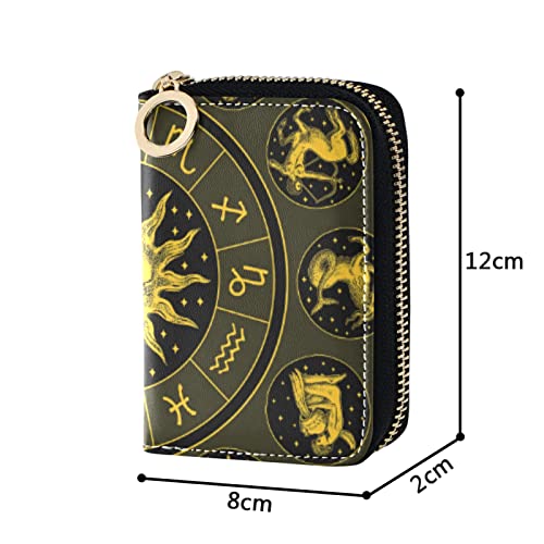 Gold Zodiac Wheel Astrology Horoscope with Circle, Sun and SignsGrey Credit Card Coin wallet, RFID Blocking Compact Women Leather Card Holder, Key Change Organizer, Zipper Purse Clutch Pouch4