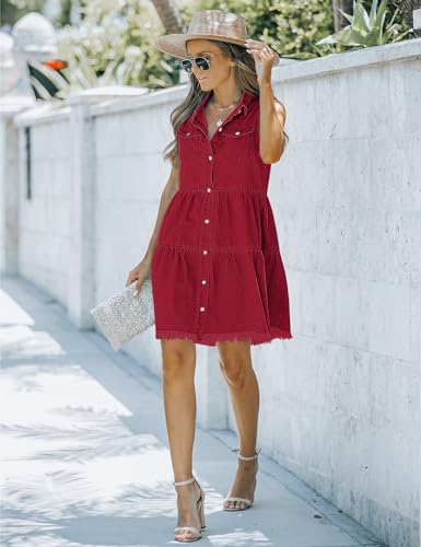 Image of luvamia Women's Casual Summer Lapel Sleeveless Button Down Short Denim Jean Dress