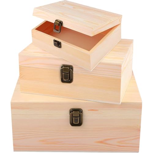GUDAJIN Modern Wooden Storage Boxes, 3-Pack Pine Wood Treasure Chests with Locks, Craft & Jewelry Boxes, Home Storage