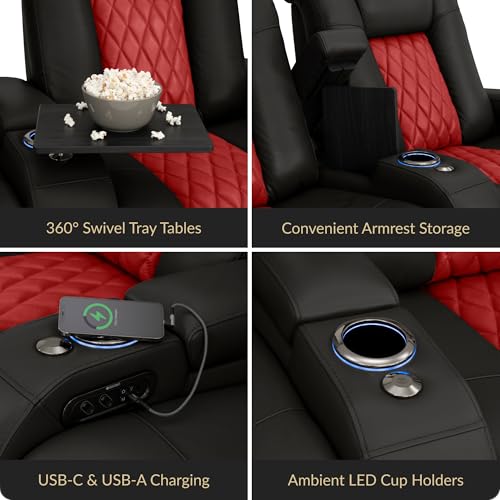 Image of Seatcraft Diamante Black /Red Italian Leather Home Theater Seating, Zero Gravity Power Recliner, Gaming and Home Office Chair, Powered Headrest Furniture for Cinema Room, Row of 5 Dual Loveseats