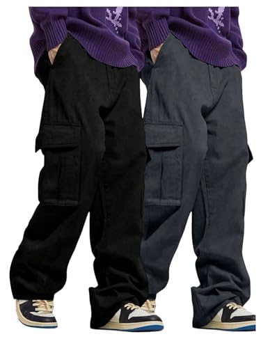 GORGLITTER Boy's 2 Pack Baggy Pants Elastic Waist Wide Leg Cargo Pants Streetwear Trousers