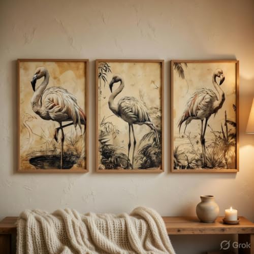Image of Artify Flamingo Bird Wall Painting Set of 3 with Wooden Frames | Vintage Wildlife Bird Artwork HD Sparkle Laminated MDF Wall Decor | Elegant Flamingo Wall Art for Living Room Bedroom