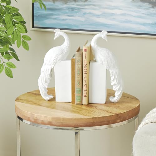 Deco 79 Resin Peacock Decorative Bookends Textured Non Skid Bookends with Tall Block Bases, Set of 2 Office Bookends6 W, 12\" H, White - Thumbnail 3