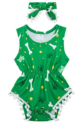 Baby Girls Tassel Romper Green Onesie Pom Pom White Lucky Clover Leaves and Bone Outfit for 1st ST Patrick's Day Headband Bodysuit Cotton Jumpsuit 2 Piece 12-18 Months