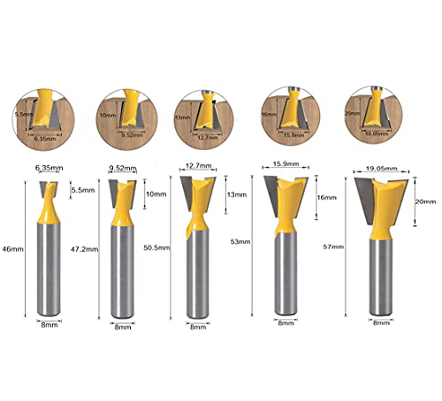 WSOOX 5 Stück Schwalbenschwanz Fräser Bohrersets Schwalbenschwanz Gemeinsame Fräser Set mit 8 mm Schaft(1/4\ 3/8\ 1/2\ 5/8\ 3/4\)