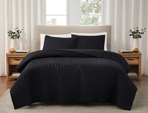 Brooklyn Loom Solid Cotton Percale Black Full/Queen 3 Piece Quilt Set, Solid Color Themed, Oeko-TEX Certified Confidence
