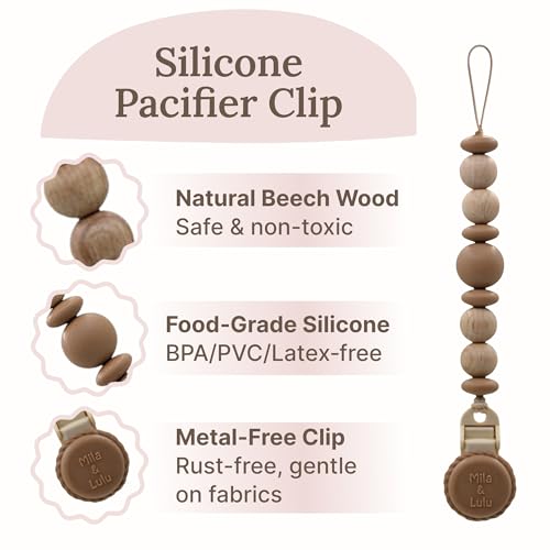 Image of Silicone Pacifier Clip - Metal-Free, Rust-Free, 100% Food-Grade Silicone and Natural Beech Wood, Secure Pacifier Holder for Babies - Hazel - Mila & Lulu
