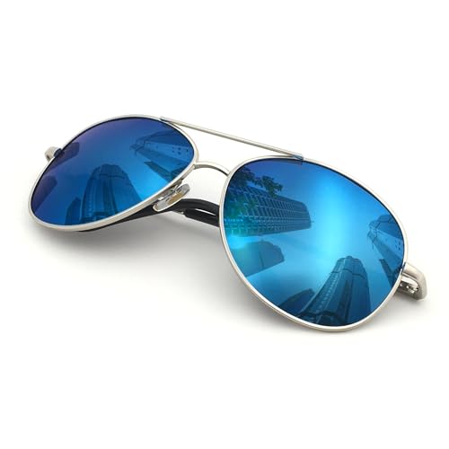 J+S Premium Military Style Classic Aviator Sunglasses, Polarized, 100% UV protection for Men Women (Large Frame - Silver Frame/Blue Mirror Lens