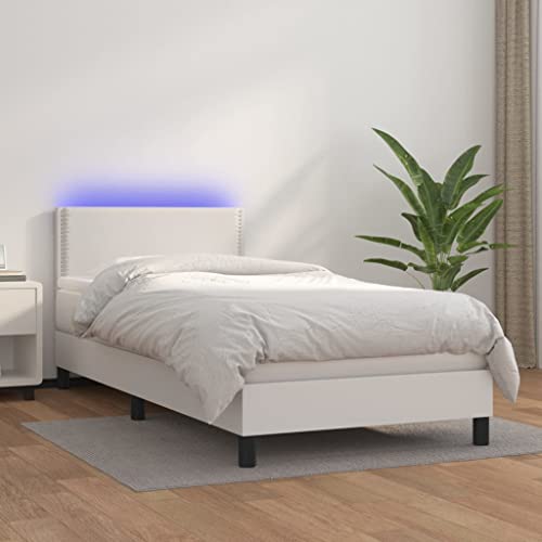 vidaXL Boxspringbett mit Matratze LED Kunstlederbett Einzelbett Polsterbett Bett Bettgestell Bettrahmen Lattenrost Schlafzimmerbett Hotelbett Weiß 90x200cm