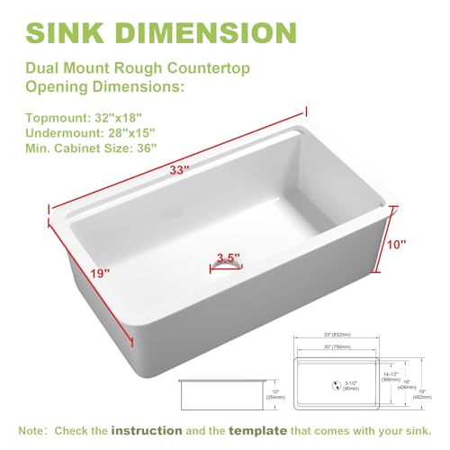Image of Undermount Kitchen Sink Workstation 33x19 Inch - Drop in White Farm Sink, Single Bowl Deep Fireclay Sink with 4 Accessories, for Kitchen, Island