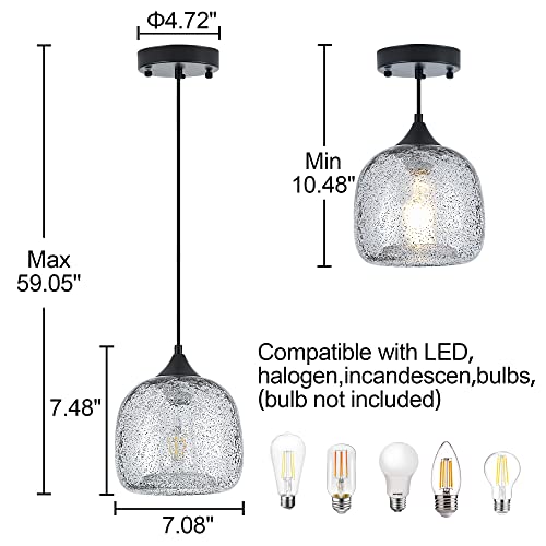 Black Glass Pendant Light Hand Blown Seeded Glass Drop Ceiling Hanging Lighting Farmhouse Kitchen Island Cord Seeded Shade,For Bedroom Dining Room Bathroom Kitchen Island 3-Pack 7.2 Inch #TOP1