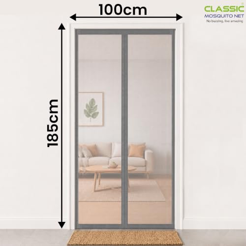 Image of Classic Mosquito Net for Doors with Magnets | Tear-Resistant Fiberglass Mesh | Auto-Close Magnetic Screen Door, Balcony & Kitchen | DIY Installation | Protection Insects (185 x 100 cm,Grey)