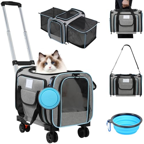 Pet Carrier Airline Approved, Expandable Pet Cat Carriers with Wheels for Dogs, Airline Approved Cat Dog Carrier, TSA Approved Pet Carrier in Cabin, Pet Dog Cat Carrier Soft, Cat Travel Carrier(Grey)