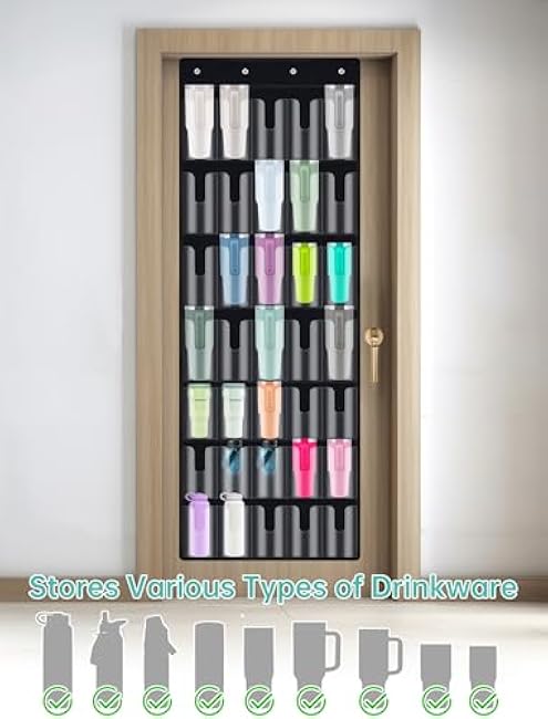 NiHome 35-Pocket Large Capacity Door Cup Organizer for Stanley Tumblers 30oz, 40oz, Door Hanging Water Bottle Storage with Double-Sided Tape Stabilizer, Waterproof Oxford Fabric, Transparent, BPA-Free