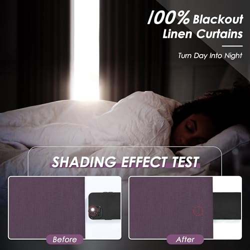 Image of Plum 100% Blackout Linen Curtains for Bedroom 102 Inches Long Back Tab Thermal Insulated Luxury Modern Boho Decor Black Out Curtain for Living Room Dining Room Office Drapes 52x102, 2 Panels