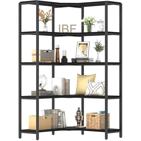 IBF 5 Tier Black Corner Bookshelf, Tall Modern L Shaped Book Shelf Storage Organizer, Large Industrial Wood Metal Wide Open Bookshelves, Farmhouse Heavy Duty 5 Shelf Bookcase Etagere in Bedroom Office Cover