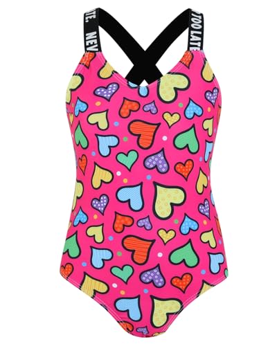 Image of Momkonzz Girls One Piece Swimming Costume for Tween Swimsuit Cross Back Bathing Suit for Beach with Colorful Heart Print Rose Pink 12 Years