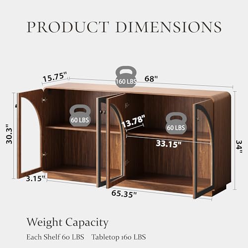 Image of Sideboard Buffet Cabinet with Storage, 68 inch Walnut Credenza Accent Cabinet Buffet Table w /4 Arched Glass Doors & LED Light, Modern Coffee Bar Liquor Cabinet w /2 Shelves for Kitchen Entryway