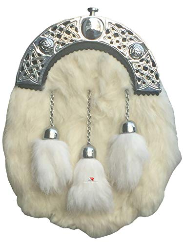 AAR Scottish Full Dress Kilt Sporran White Rabbit Fur chrome Celtic Cantle New