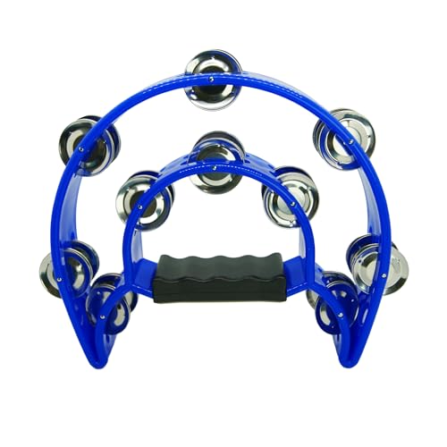 YAYUZEST Half Moon Musical Tambourine Double Row Metal Jingles Hand Held Percussion Tambourines Musical Instrumen with Ergonomic Handle Grip for Adults Church KTV Party (Blue)