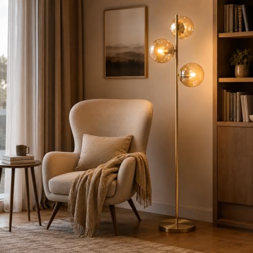 Image of BOKT Modern Brushed Brass Floor Lamp Corner 3-Light Standing Lamp with Amber Glass Globe Shade Adjustable Height Office Tall Standing Light Vintage for Living Room Bedroom Home Decor