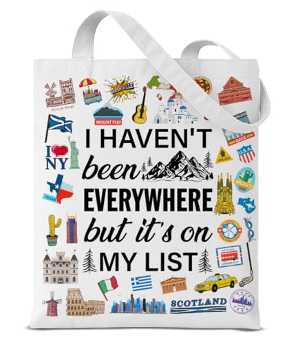 World Travel Gifts Canvas Tote Bag for Women Travellers Cute I Haven't Been Everywhere But It's on My List Reusable Grocery Shoulder Bag for Travel Shopping Work