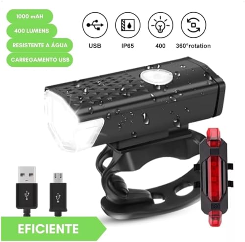 Kit de luzes de bicicleta recarregável, conjunto de farol e lanterna traseira, impermeável, vários m