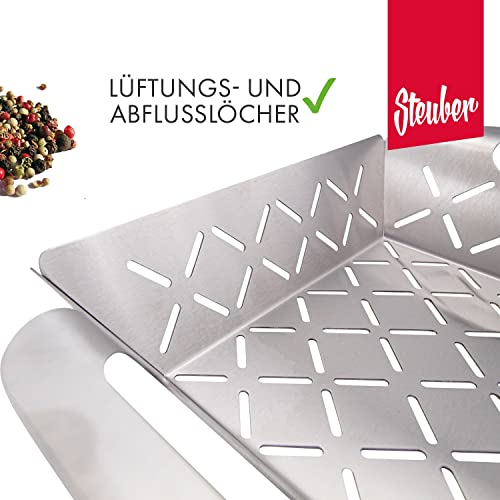 Steuber Premium Line Edelstahl Grillkorb groß 35 x 29,5 x 6,5 cm, Grill-Schale, Ersatz für Aluminium Schalen