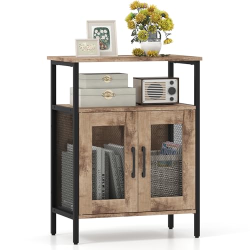 GIANTEX Aparador Cocina para Vinos, Armario con Portabotellas y Portavasos Extraíble, 60 x 34 x 79 cm, Mueble de Almacenamiento con Puertas de Malla de Metal, para Salón, Comedor, Bar (Gris)