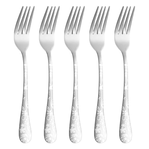 Image of 8.1 inch Sterling Silver Dinner Forks with Floral Printed Handle | 5-Piece Premium Stainless Steel Flatware Set | Elegant Dishwasher-Safe Cutlery for Home, Restaurants, and Gift Giving