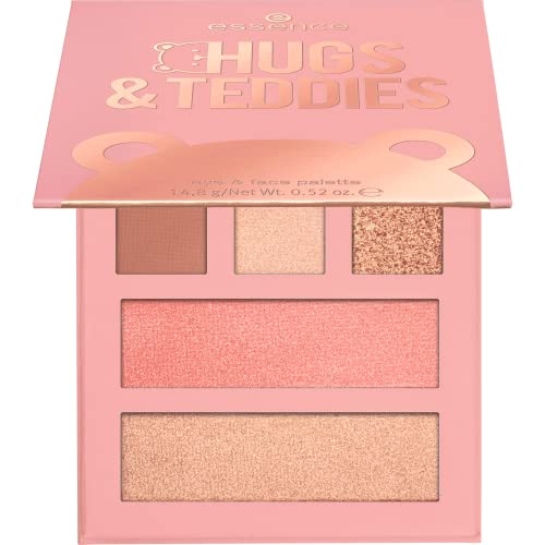 essence HUGS&TEDDIES eye & face palette, Rougepalette, Nr. 01, Nude, 8 Nude-Töne, natürlich, glänzend, schimmernd, metallisch, vegan, ölfrei, ohne Alkohol, ohne Parabene, 1er Pack (14.8g)